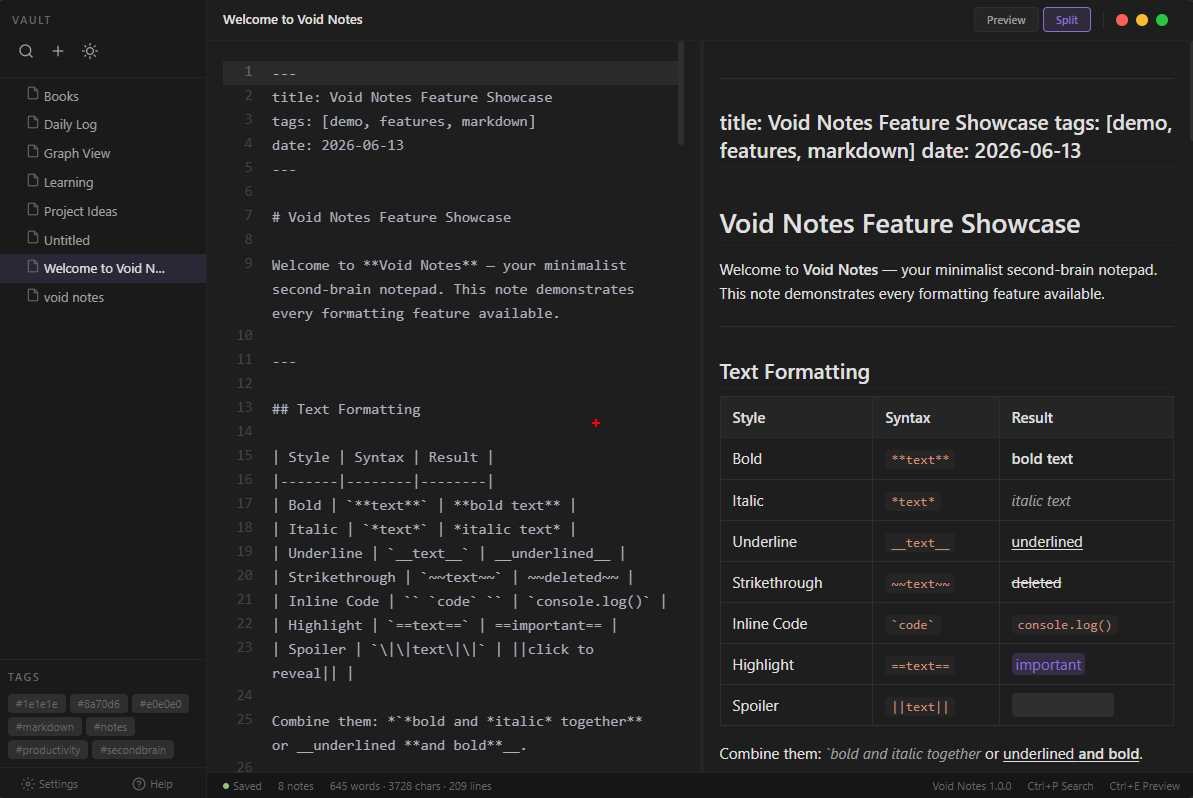 Void Notes dark split view showing markdown formatting