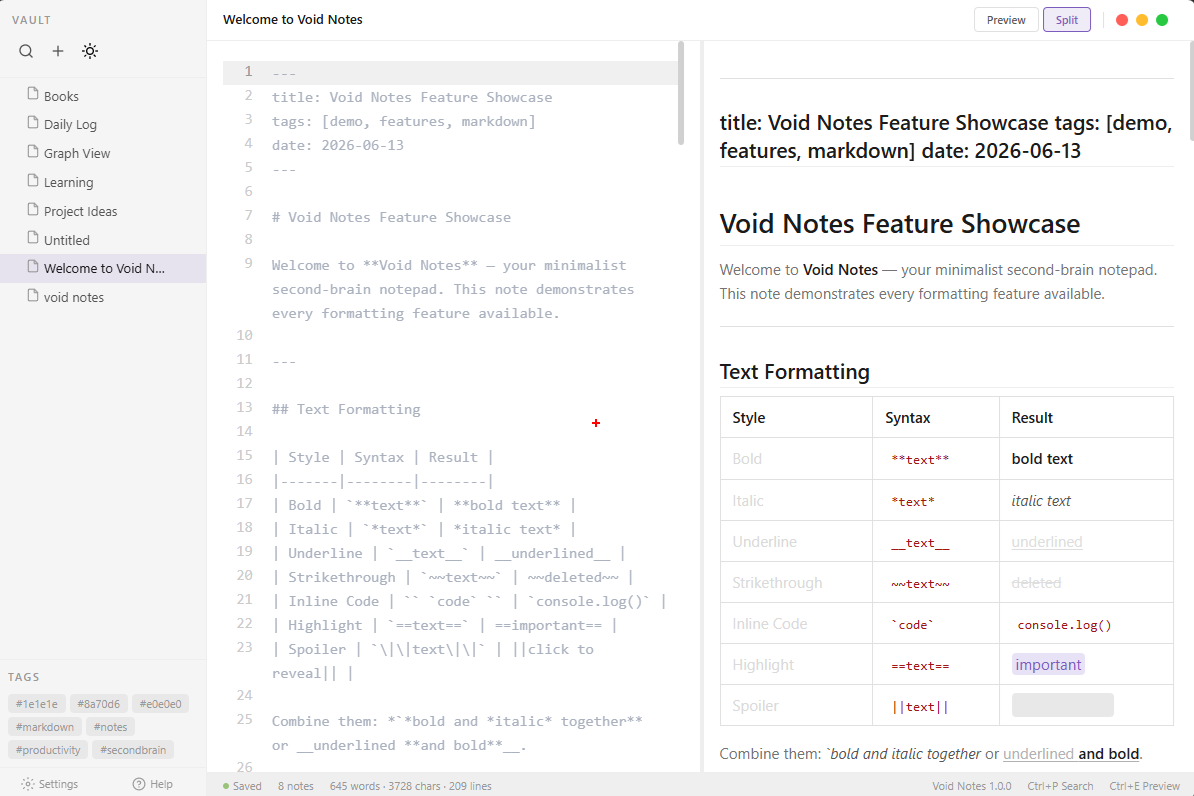 Void Notes light theme split view
