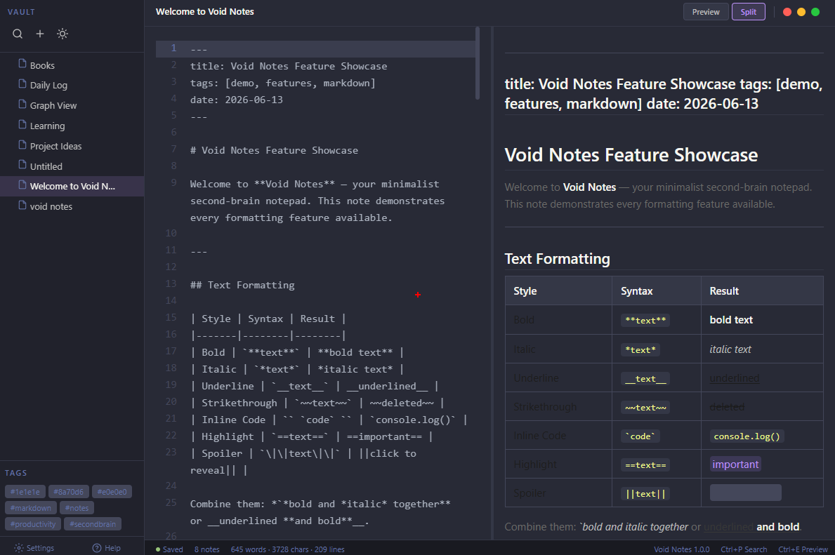 Void Notes dark theme editor and preview