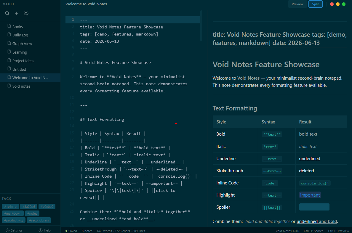 Void Notes dark theme split editor view